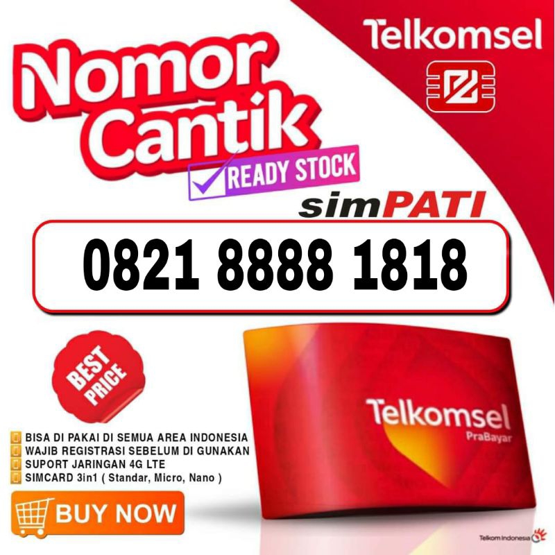 NOMOR CANTIK KARTU PERDANA SIMPATI 4G TELKOMSEL 8888 1818