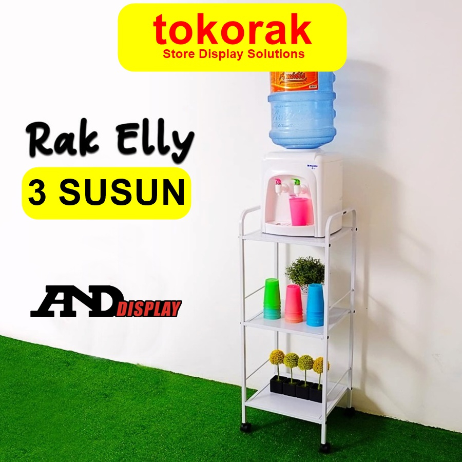 RAK ELLY 3 SUSUN PUTIH PLUS RODA RAK PENYIMPANAN DISPENSER MAGIC COM SERBAGUNA ANDDISPLAY