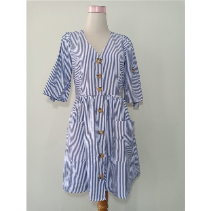 SALE DRESS BIRU DRESS KOREAN STYLE STRIPE DRESS (SIZE M)