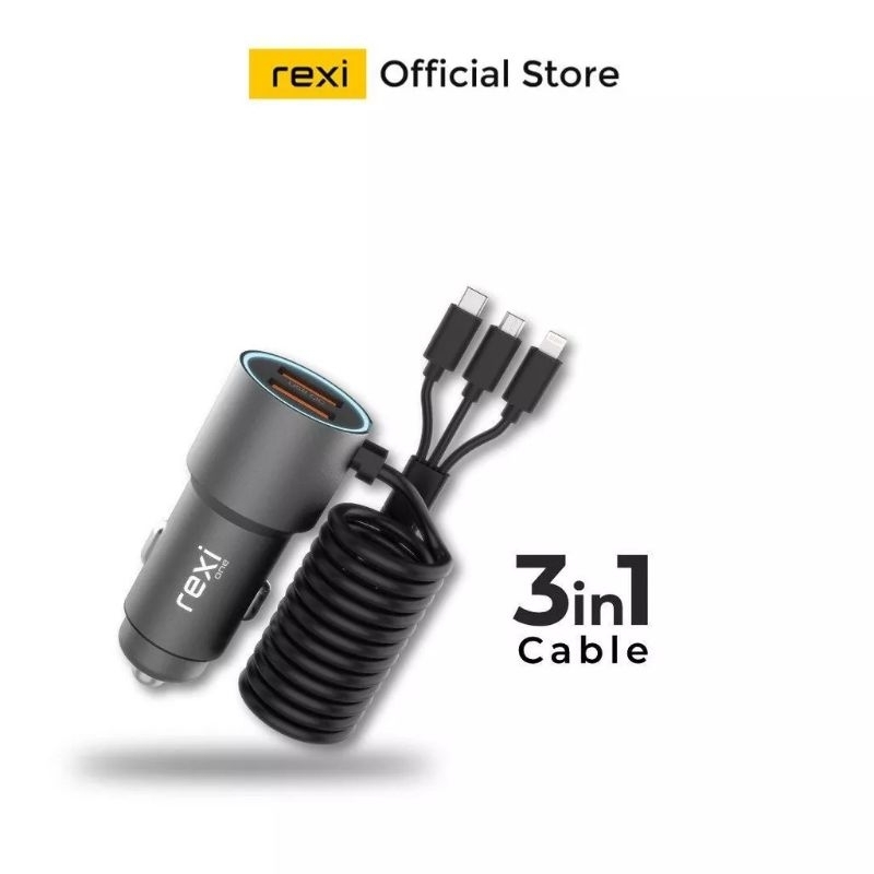 Rexi Gi30-T Charger Mobil Dual USB with Kabel 3 in 1 Fast Charging 18W QC18W Support Android iOS