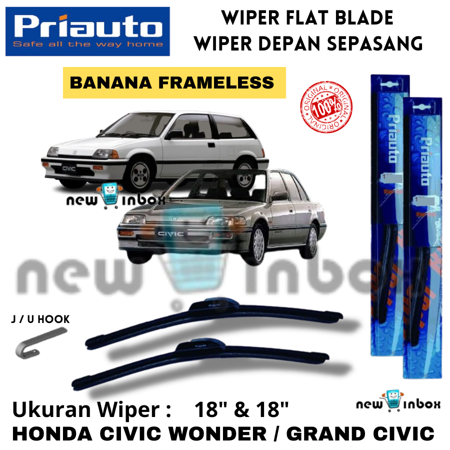 Wiper Depan Priauto Flat Blade Frameless HONDA CIVIC WONDER / GRAND CIVIC Sepasang 18" &amp; 18" ORIGINAL