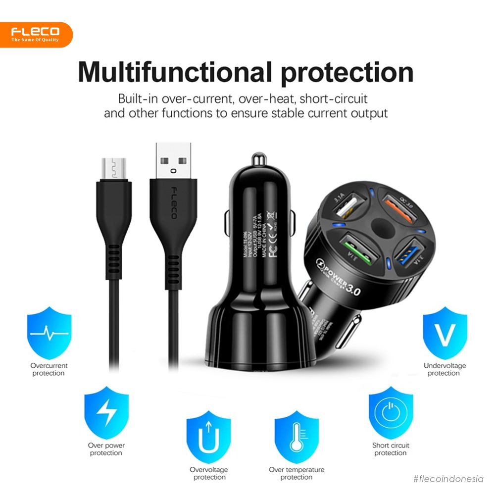 Car Charger cas mobil 4 port fast charging F-90 FLECO FREE kabel MICRO / TYPE C