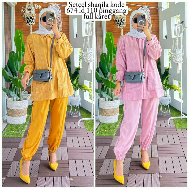 Dotty Set, SETELAN CELANA MOTIF DOTTY FIT XXL LD 110 BAHAN SHAKILA IMPORT TERMURAH OOTD KEKINIAN TERLARIS