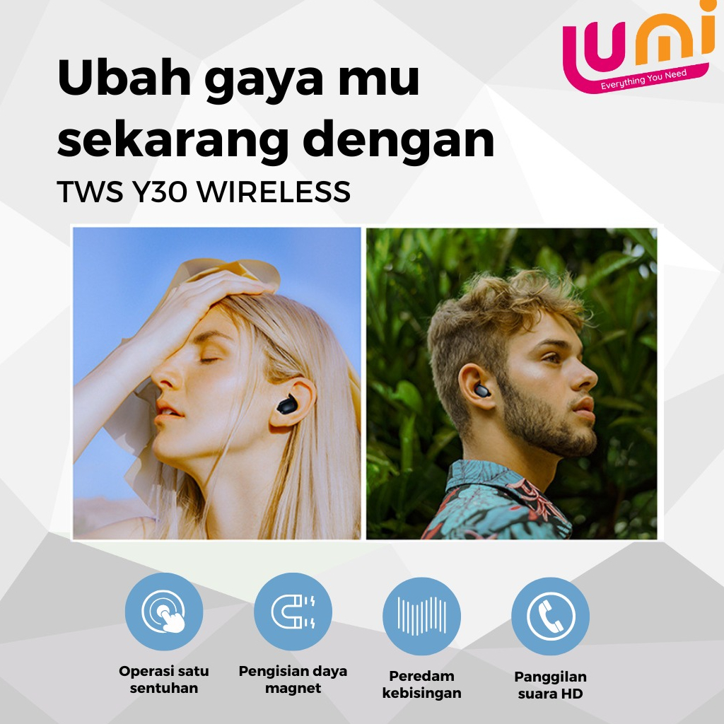 TWS Y30 Earphone Bluetooth Headset Dengan Mikrofon 5.2 TWS HiFi Stereo Waterproof Earbuds Wireless