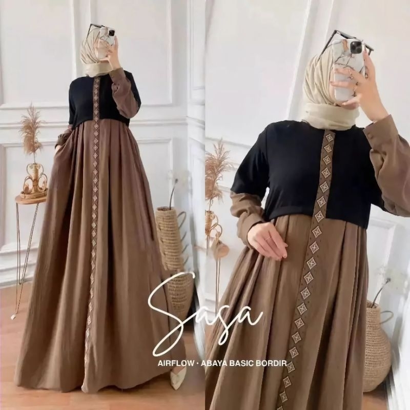 SASA DRESS MAXY CRINKLE AIFLOW ABAYA BASIC BORDIR BUSUI/GAMIS WANITA TERBARU/FASHION MUSLIM WANITA 2024/FAR MOSLEMSTORE