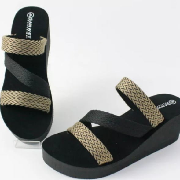 Sandal Wedges Spon Wanita Sendal Wanita Tinggi 5cm Tali Webing Simple Kualitas Bagus