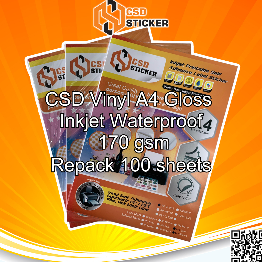 CSD Sticker Vinyl Print Inkjet White Glos A4 Waterproof Stiker Plastik Anti Air Pack - 100 Lembar