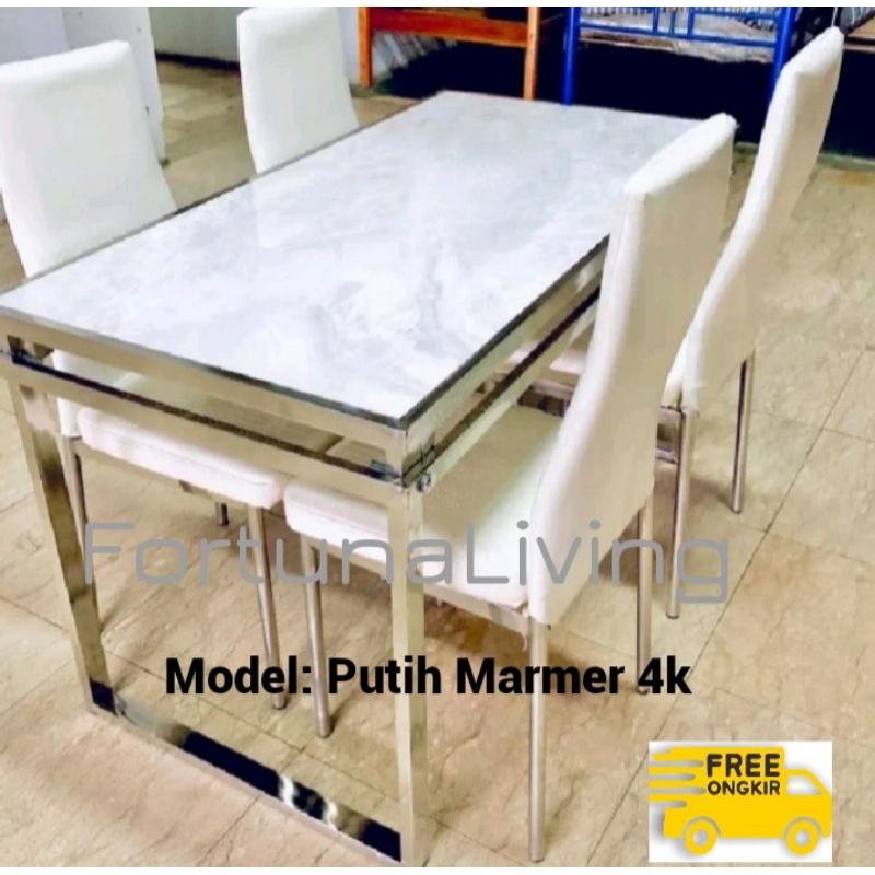 PROMO Set Meja Makan 4 Kursi Marmer Rangka Stainless Steel Besi