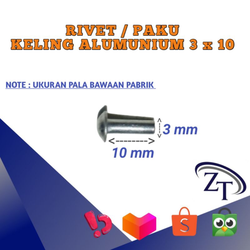 Rivet Paku Keling Alumunium Diameter 3mm x 10mm Keling Alumunium Keling Ketok