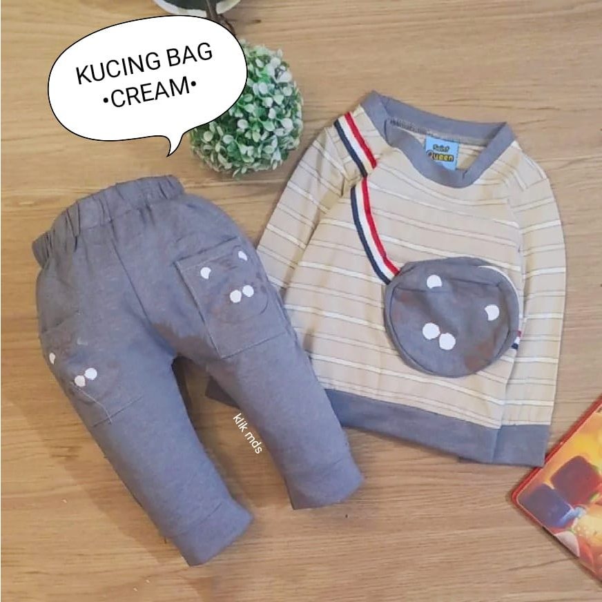 Setelan Anak Cowok - Baju Bayi Laki - Laki Model Sweater Tangan Panjang Celana Panjang Motif Kucing Bag Usia 6 Bulan-4 Tahun