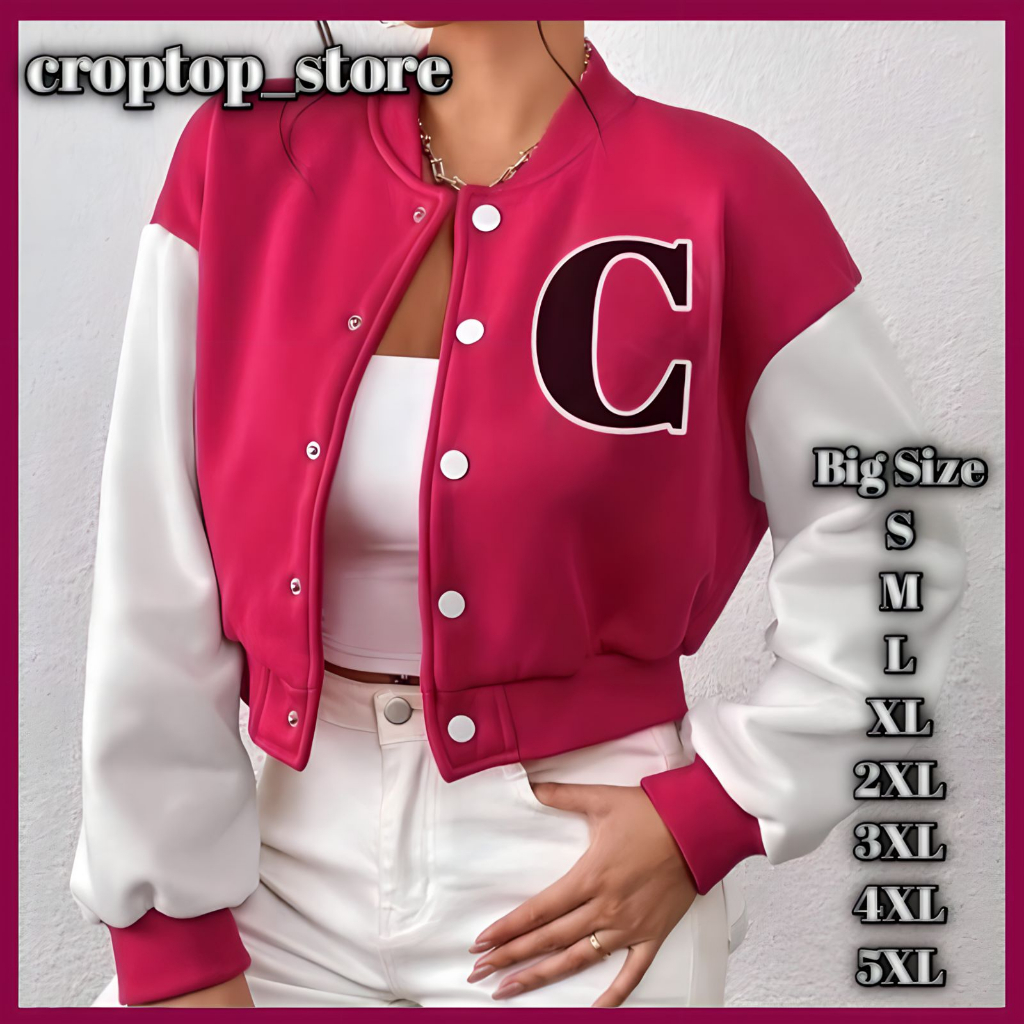 VARSITY CROP PINK FUSHIA BIGSIZE LONG SLEEVE M L XL 2XL 3XL 4XL 5XL 6XL JACKET BASEBALL WANITA JUMBO