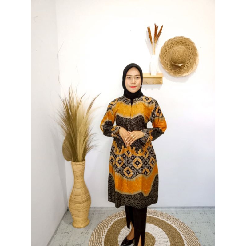 Batik Wanita Tunik Dress Orange Teracotta TN4982 Bahan Katun Busui Resleting Depan Seragam Batik Wan