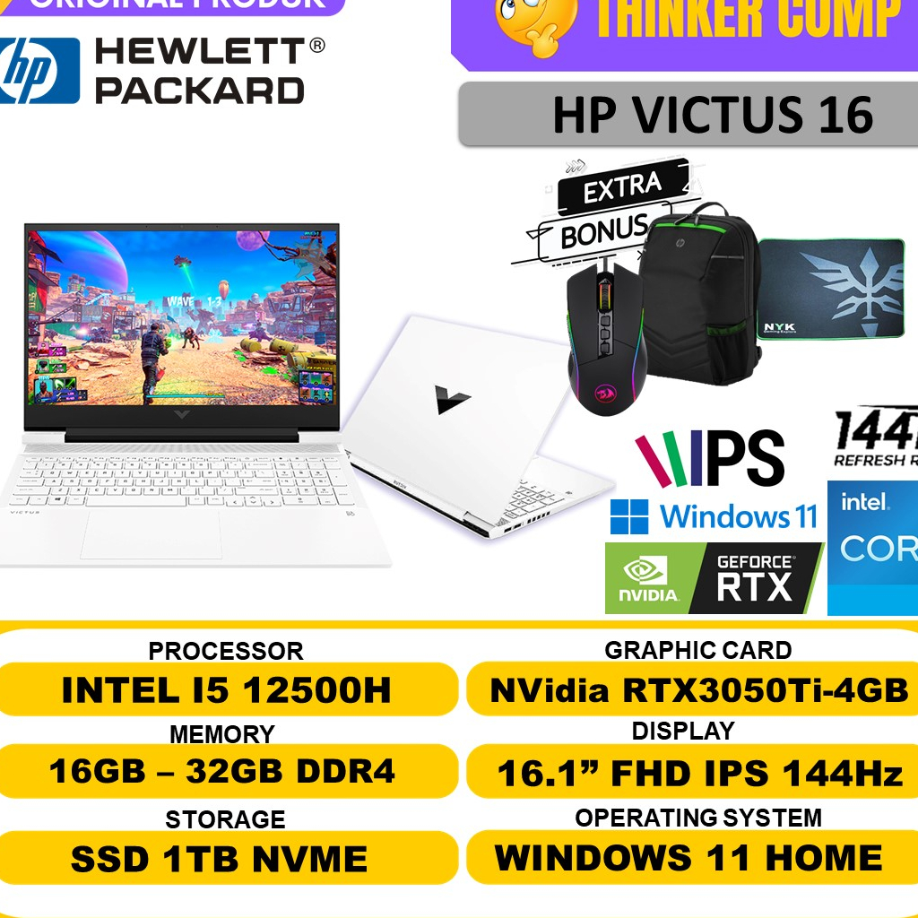LAPTOP GAMING HP Victus 16 i5 12500H Ram 32GB 2TB SSD 16 FHD RTX3050Ti 4GB Windows 11 Original Terlaris