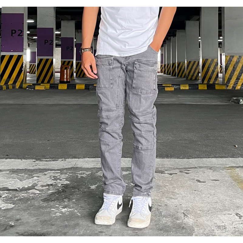 Celana Grey Jeans / Indio Grey Jeans Semi Cargo Pants Stretch Slim Fit