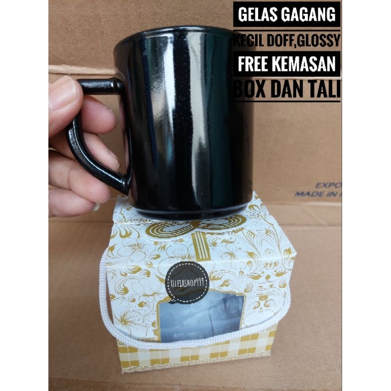 Souvenir gelas gagang gemuk hitam/putih glossy,hitam doff free kemasan box tanpa sablon