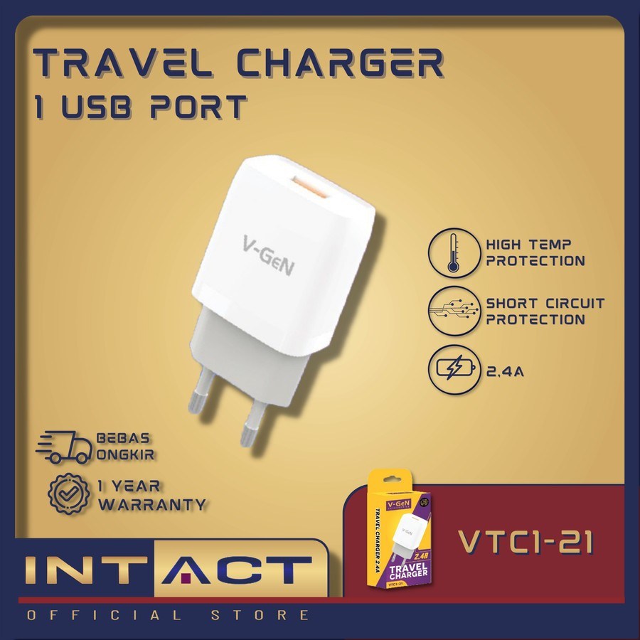 Adaptor Charger V-GeN VTC1-21 2.4A 1 Port USB Travel Charger VGEN