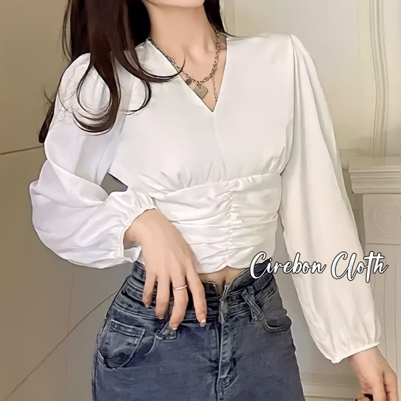 Shabila Casual Blouse Satin long sleeve vneck - Cirebon Cloth