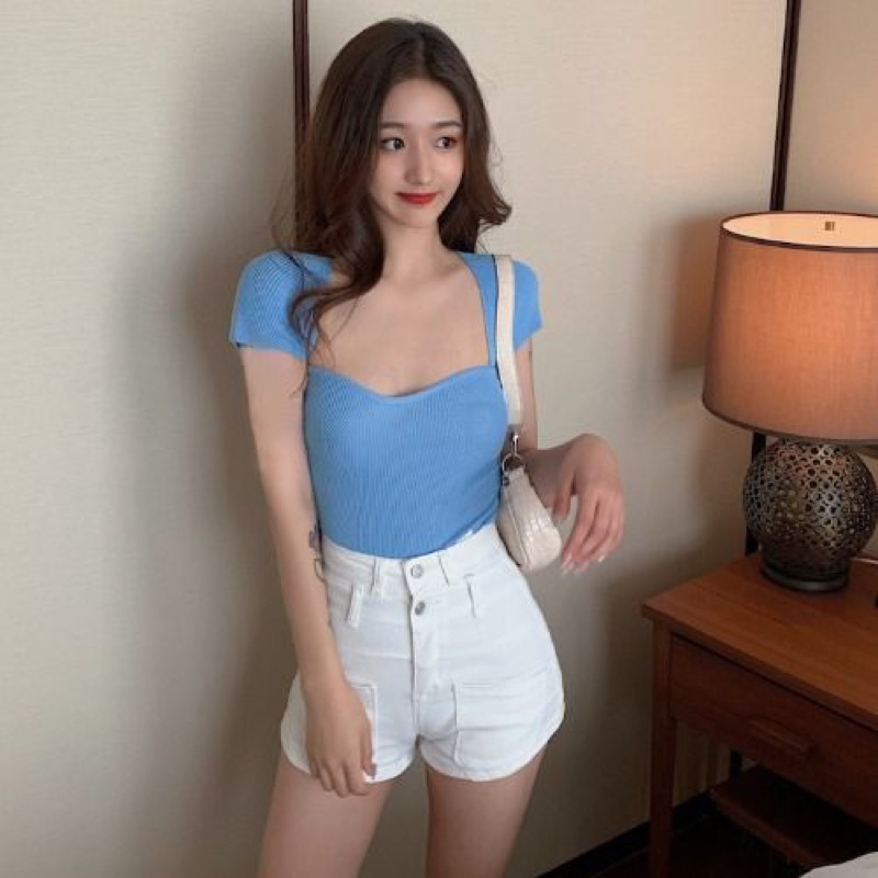 Sexy Top French Sexy Knitted Short Sleeve Crop Top Atasan Wanita Import A119