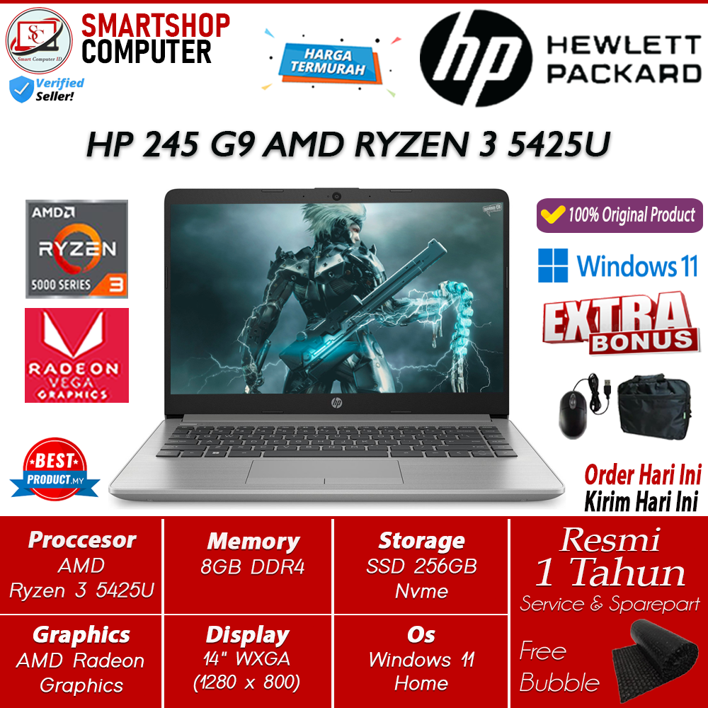 PROMO Laptop Gaming Baru Murah HP 245 G9 AMD RYZEN 3 5425U 16GB 512GB Windows 11 Original