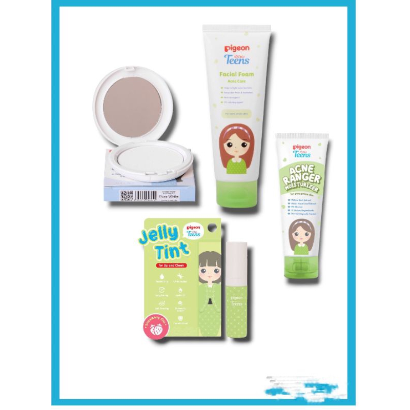 Pigeon Teen's 1 Paket Bedak Padat Mousturizer Lips Jelly Acne Care Sabun Cuci Muka Komplit Isi 4 Ski