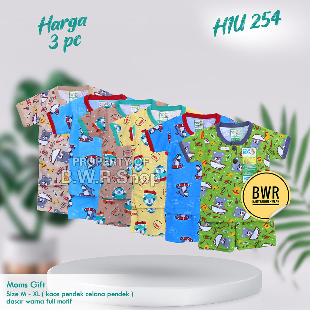 [ HARGA 3pc ] Setelan Moms PENDEK Gift HIU 254 / Baju Bayi Piyama Anak Unisex Kancing Pundak Mom's Gift Motif Terbaru Baju Pendek Celana Pendek | Bwr