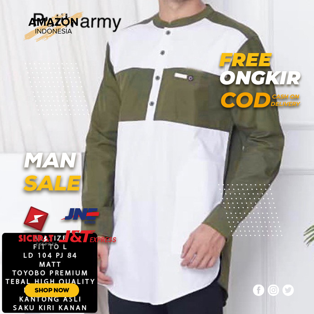 Baju Koko Alza Dewasa Lengan Panjang Warna Putih Army Material Catton Adem Serap Keringat