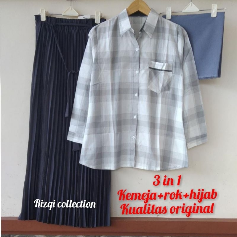 SETELAN KEMEJA KATUN IMPORT+ROK PLISKIT PREMIUM+HIJAB SAUDI RAWIZ