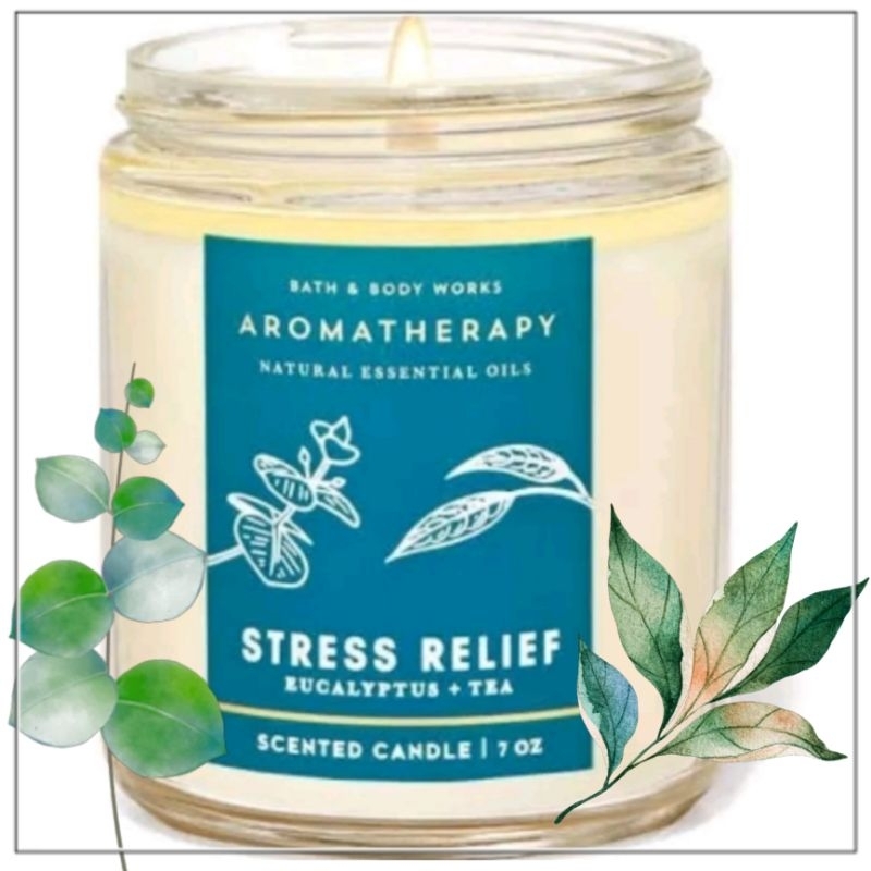 BATH &amp; BODY WORKS BBW AROMATHERAPY STRESS RELIEF EUCALYPTUS TEA MADE WITH ESSENTIAL OILS WHITE BARN 1 SINGLE WICK SCENTED CANDLE 198 G PENGHARUM RUANGAN