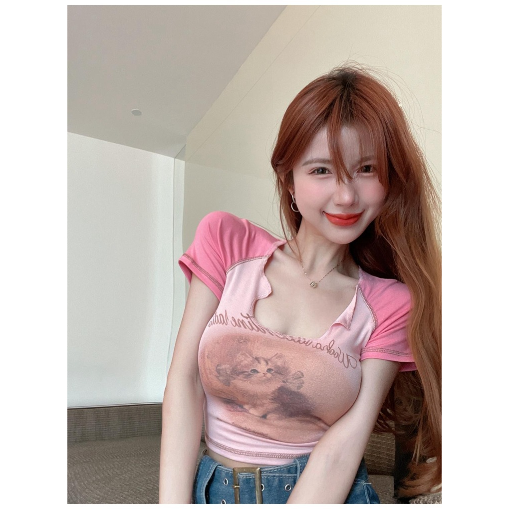 RSB BJ381 Crop Top Korean Cuties Cat T-shirt Baju Kaos Pendek Motif Kucing