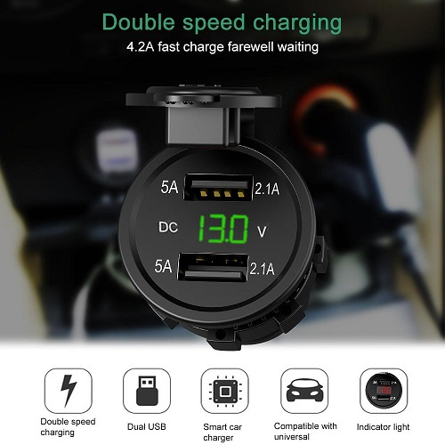 Adapter Cas Motorcycle Car Dual USB  5V Adaptor Charger Hp Handphone 2 Port Motor Digital Voltmeter Display