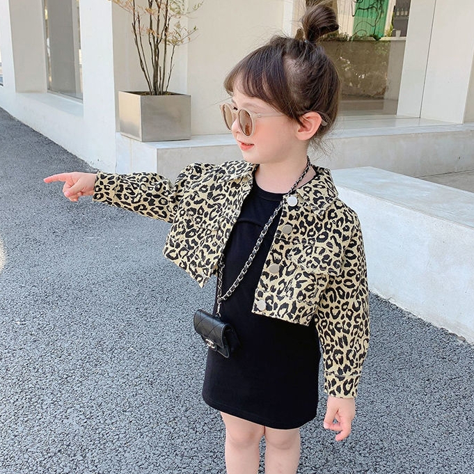 DR27-Dress Anak Perempuan Sleek Black + Jacket Leopard