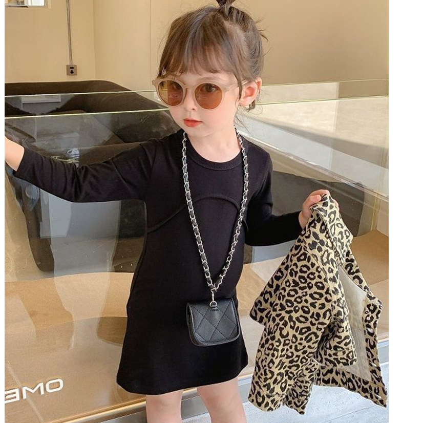 DR27-Dress Anak Perempuan Sleek Black + Jacket Leopard