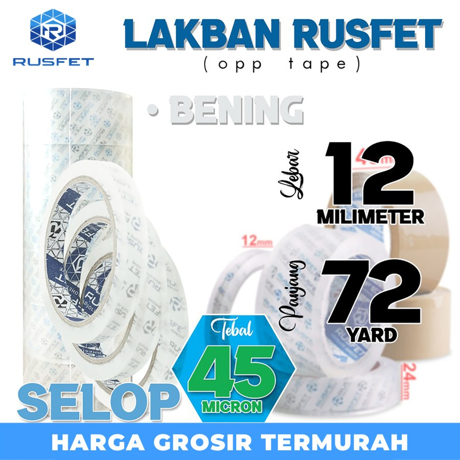 

Lakban isolasi Solatip 12mm x 72yard OPP Tape RUSFET Plakban / SELOP
