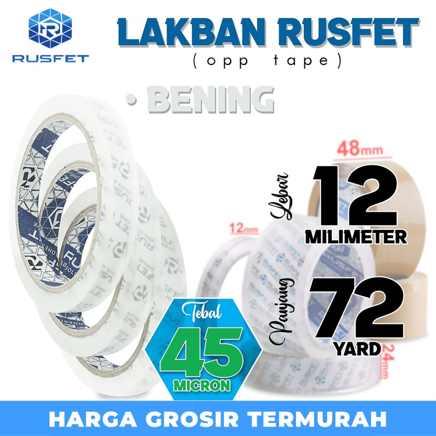 

Lakban isolasi Solatip 12mm x 72yard OPP Tape RUSFET Plakban / SATUAN - Bening