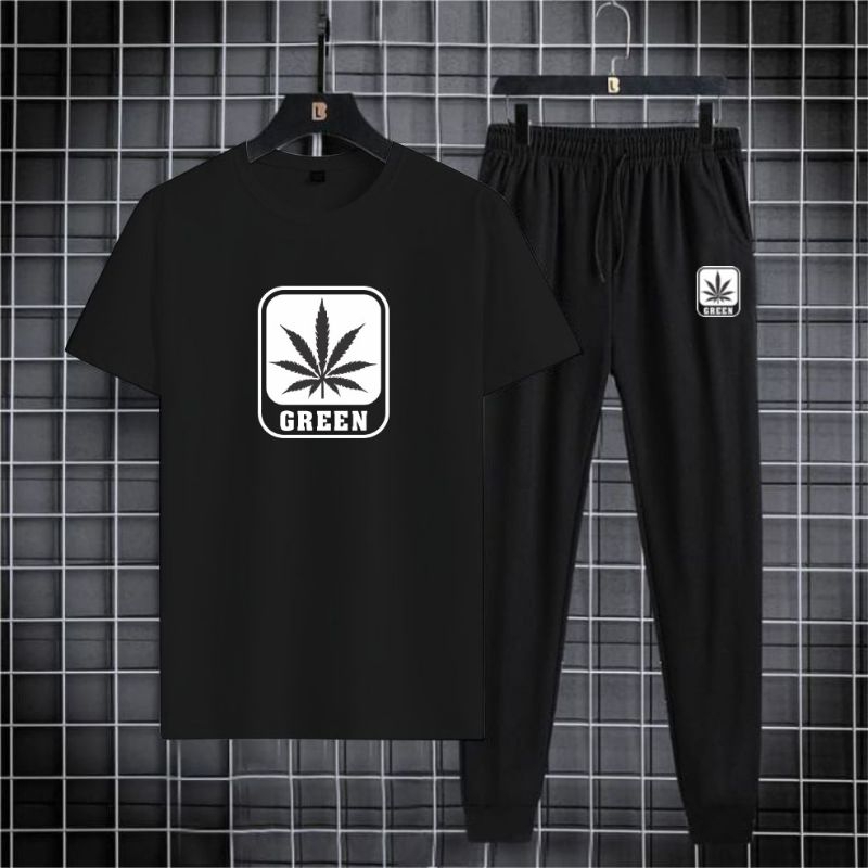 Setelan Pria Green Trendy Distro-Baju Setelan Kaos Celana Jogger Kekinian II Set Dewasa Kaos Jogger