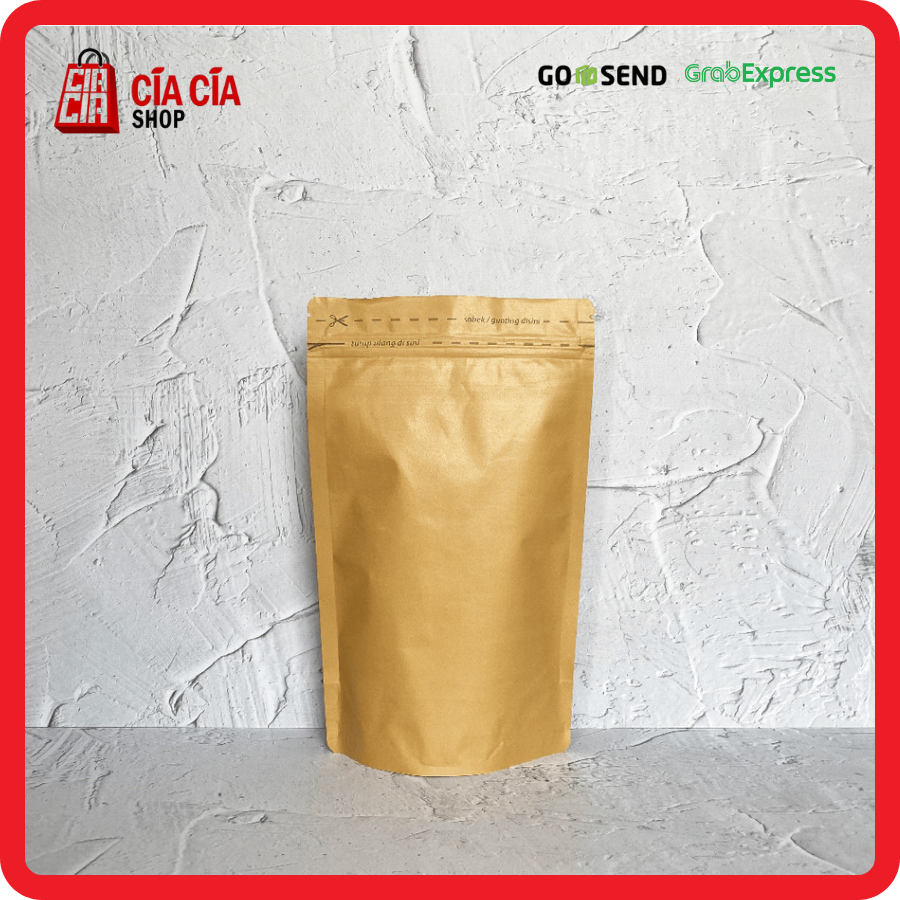 Kemasan Standing Pouch Zipper Alu Eco Kraft Fd.Grd Kedap Cahaya 18x29