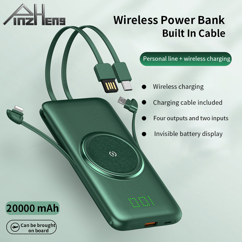 PINZHENG 20000mAh Qi Wireless Charger Power Bank Built-in 4 Cables Powerbank Portable External Battery Charger