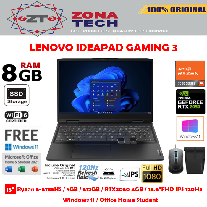 LENOVO Ideapad Gaming 3 - Ryzen 5-7535HS 8GB 512GB SSD RTX2050 4GB 15.6&quot;FHD IPS 120Hz W11 OHS