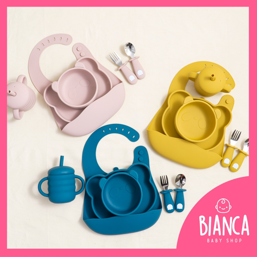 BIANCA - 5 IN 1 PREMIUM PANDA SERIES Piring Silikon Suction + Mangkok Silikon + Sendok Garpu Stainless + Gelas Silikon + Bibs Silikon PANDA SERIES