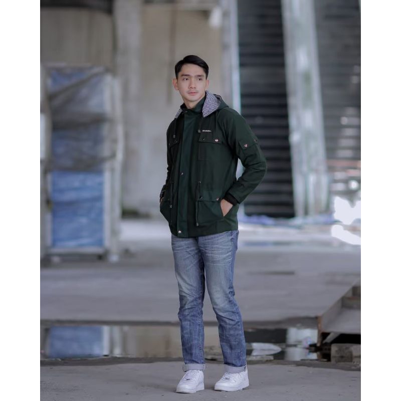 Jacket Semi Parka Pria Wanita Canvas Polos Hijau Botol Original Premium Jaket Trucker Original Distro Termurah Kekinian Korean Style