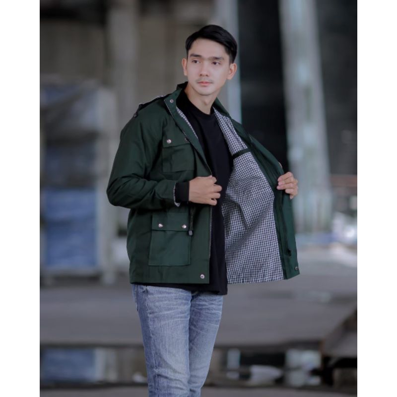 Jacket Semi Parka Pria Wanita Canvas Polos Hijau Botol Original Premium Jaket Trucker Original Distro Termurah Kekinian Korean Style
