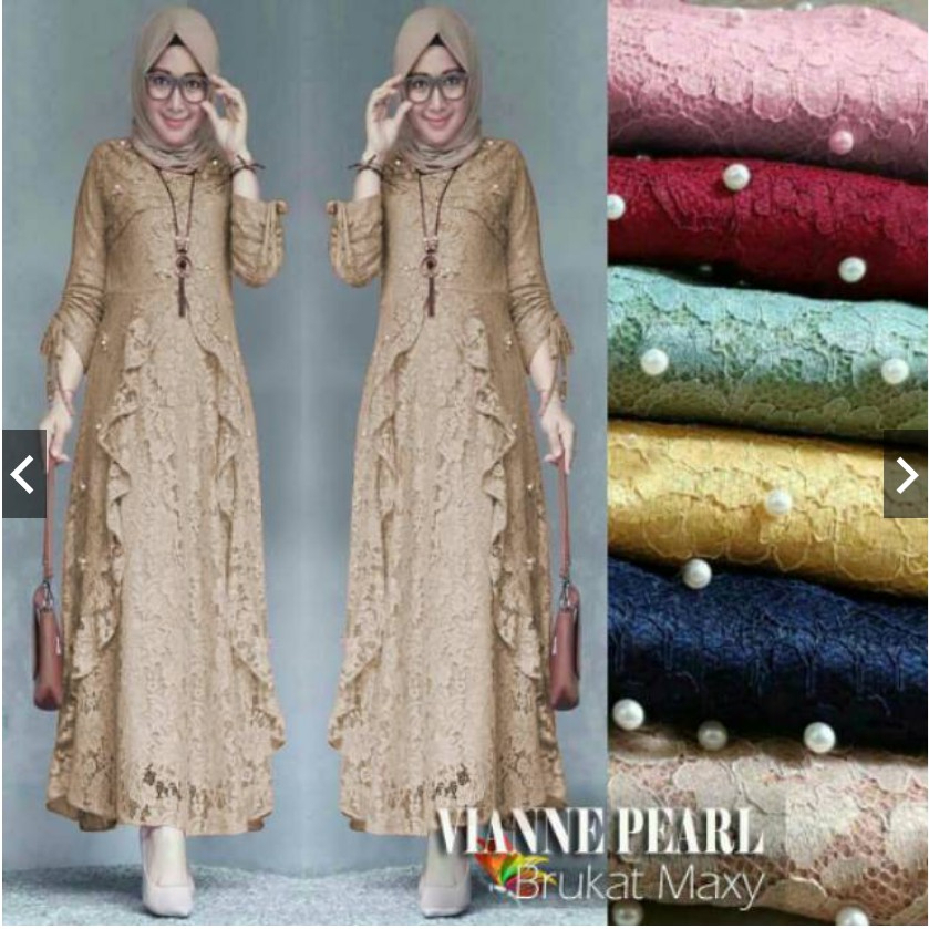 Vianne Gamis Maxi Warna Putih Gading Coklat Susu Krem Brukat Corneli Tulang Timbul  Mutiara Glitter 