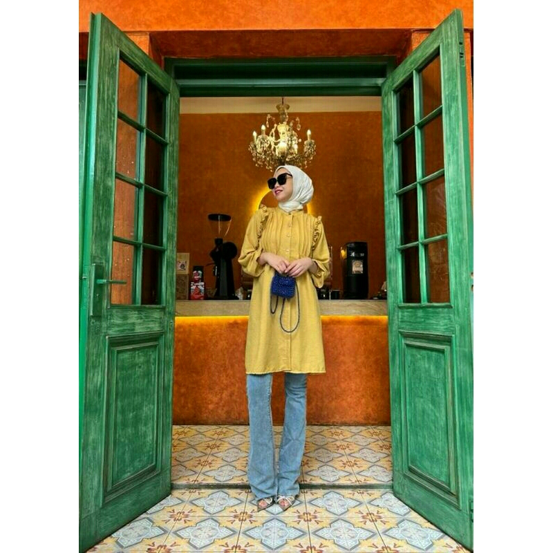 rafella tunik warna kuning hijau sage dusty pink fashion tunic daily bahan kringkel crinkle casual m