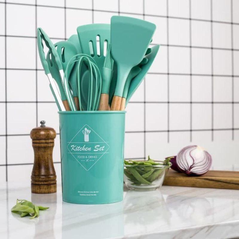 Silicone Utensil 11Pcs+Wadah Spatula Peralatan Masak Sutil Pegangan Kayu Baking Set Alat Masak Peralatan Masak Goreng Tumis