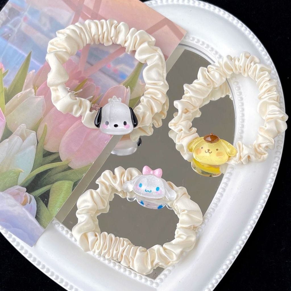 Ikat rambut sanrio Tali rambut Satin Kartun rambut Cinnamoroll Dog Lipit Cincin Rambut Gadis Manis Lucu Karet Gelang