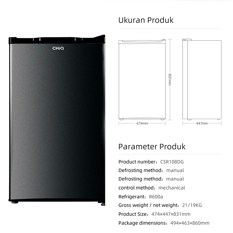 CHiQ Kulkas 1 Pintu 100L CSR108DG (Semi Auto-Defrost ) (Ajustable Door Bisa di Buka Dari Kanan/Kiri) (Penyimpanan Besar) (Pintu Fleksibel) (Freezer Yang Terpisah) (Pembekuan Cepat) (Kulkas Anti Bising) ( Rak Temppered Glass Fleksibel)