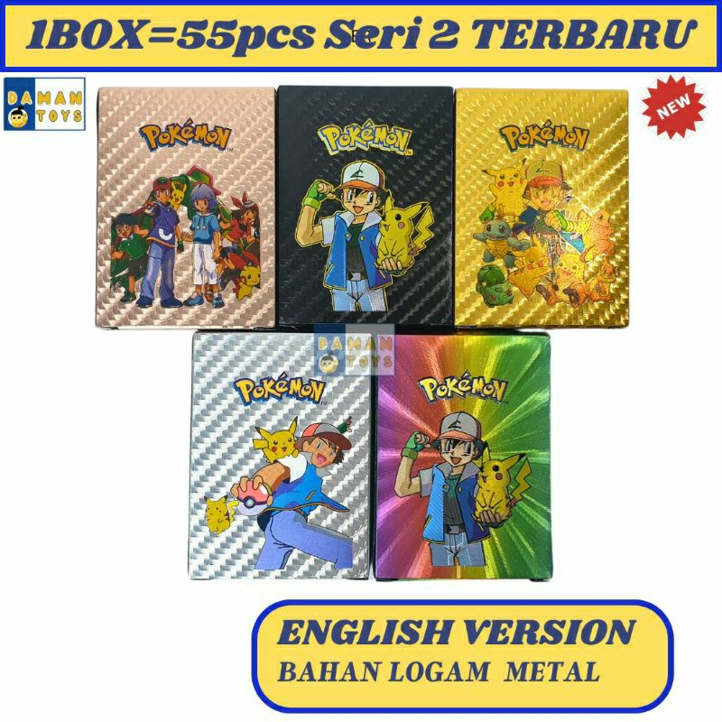 Kartu Pokemon 1 box 55pcs Charizard Pikachu cards Bahan Metal Emas Silver Bahasa English