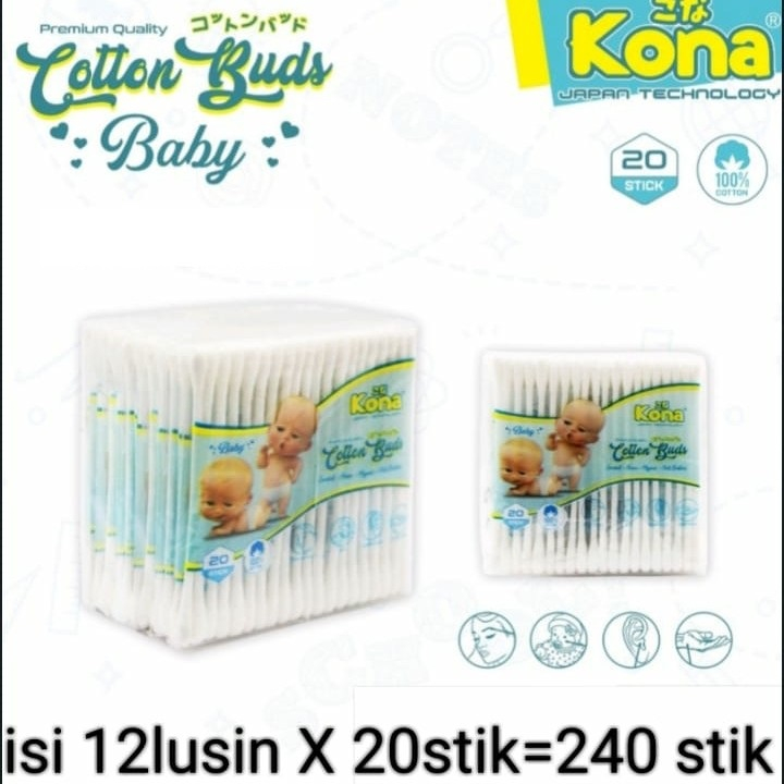 Cotton Bud Merk Kona Dewasa dan Anak Bayi isi 240 Stik (1 PACK) cutton buds kapas pembersih telinga korek kuping