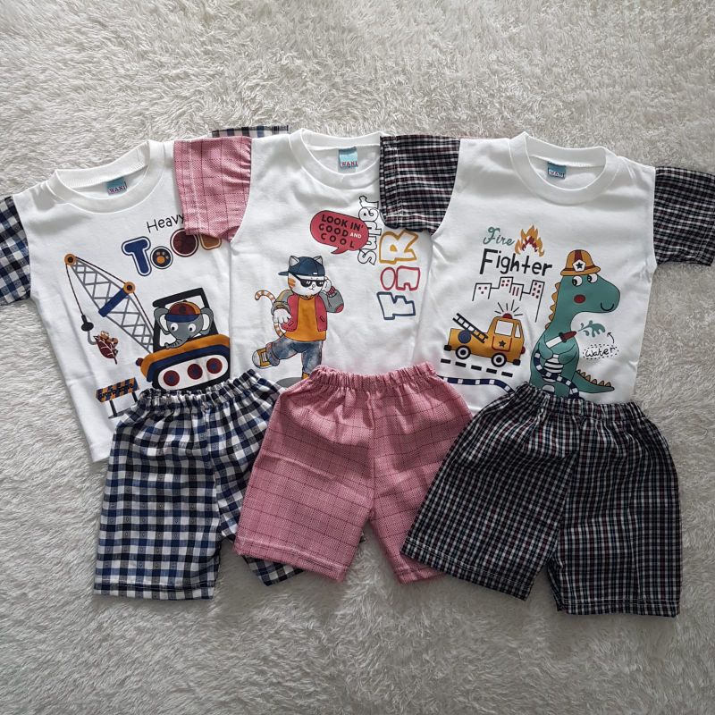 Paket isi 3 Baju Bayi Cowok Setelan Kaos Kartun set