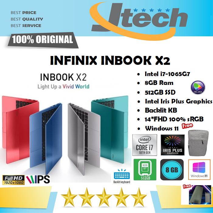 INFINIX INBOOK X2 - i7-1065G7 - 8GB - 512GB SSD - BACKLIT KB - 14&quot;FHD 100% sRGB - WIN11